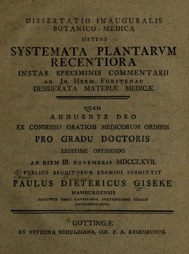 Cover for Dissertatio inauguralis botanico-medica sistens systemata plantarum recentiora