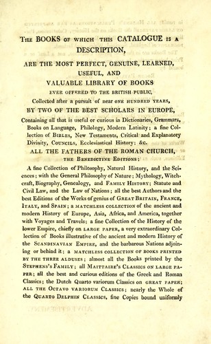 Cover for Catalogue of books, containing all the rare, useful, and valuable publications, in every department of literature, from the first invention of printing to the present time