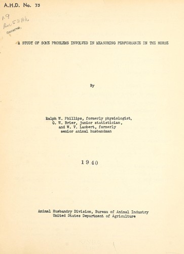 Cover for A study of some problems involved in measuring performance in the horse
