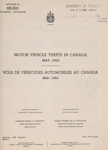 Cover for Motor vehicle thefts in Canada, May 1963.