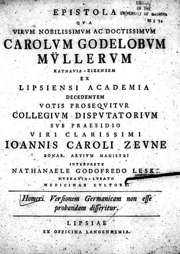 Cover for Homeri versionem Germanicam non esse probandam disseritur