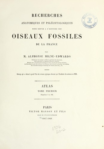 Cover for Recherches anatomiques et paléontologiques pour servir à l'histoire des oiseaux fossiles de la France