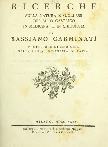 Cover for Ricerche sulla natura e sugli usi del suco gastrico in medicina, e in chirurgia