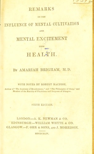 Cover for Remarks on the influence of mental cultivation and mental excitement upon health