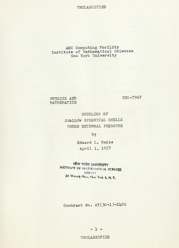 Cover for Buckling of shallow spherical shells under external pressure.