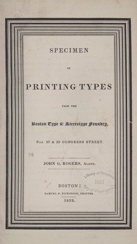 Cover for Specimen of printing types from the Boston Type & Stereotype Foundry. John G. Rogers, agent.