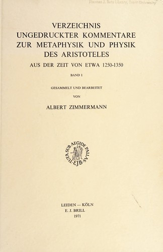 Cover for Verzeichnis ungedruckter Kommentare zur Metaphysik und Physik des Aristoteles aus der Zeit von etwa 1250-1350.
