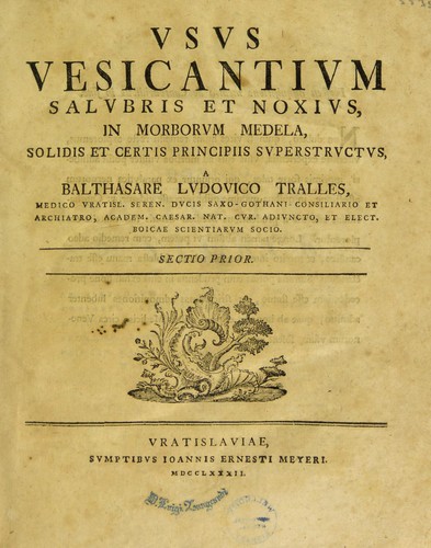 Cover for Usus vesicantium salubris et noxius, in morborum medela. Section 1-2