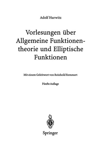 Cover for Vorlesungen über Allgemeine Funktionen-theorie und Elliptische Funktionen