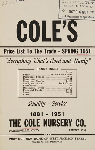 Cover for Cole's price list to the trade, spring 1951
