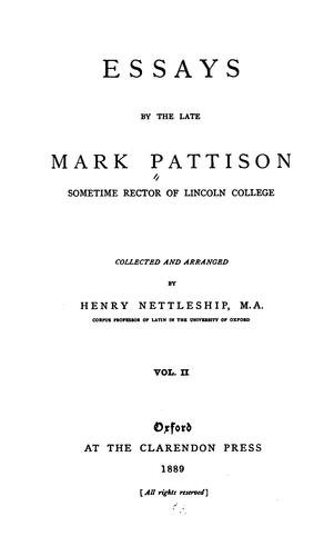 Cover for Essays by the late Mark Pattison
