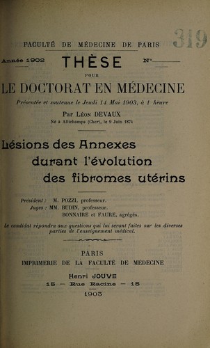 Cover for Lésions des annexes durant l'évolution des fibromes utérins ...