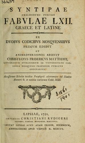 Cover for Syntipae, philosophi Persae, Fabulae LXII