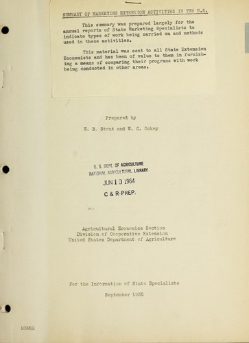 Cover for Summary of marketing extension activities in the United States as reported by state specialists