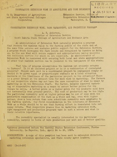 Cover for Coordinating extension work, farm management, and production program