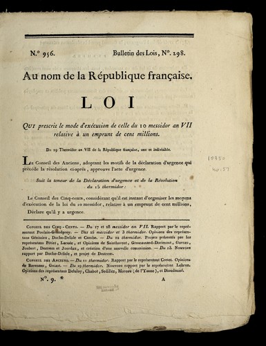 Cover for Loi qui prescrit le mode d'exe cution de celle du 10 messidor an VII relative a   un emprunt de cent millions
