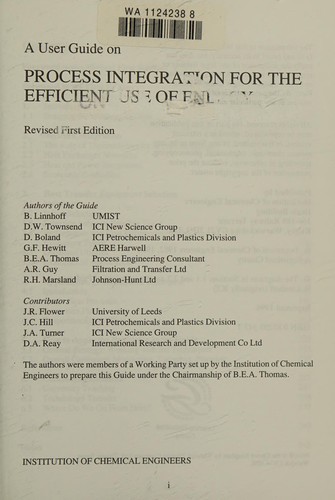 Cover for A User guide on process integration for the efficient use of energy