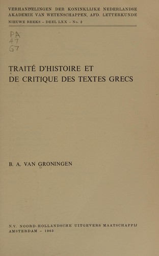 Cover for Traité d'histoire et de critique des textes grecs