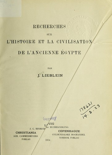 Cover for Recherches sur l'Histoire et la Civilisation de l'ancienne Egypte.