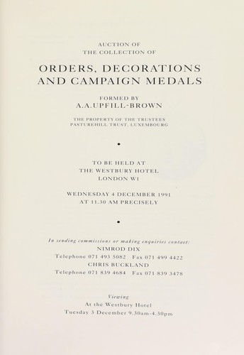 Cover for Auction of orders, decorations and campaign medals, formed by A.A. Upfill-Brown...