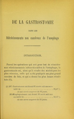 Cover for De la gastrostomie dans les r©♭tr©♭cissements non canc©♭reux de l'oesophage