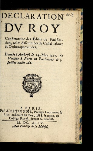 Cover for Declaration du roy confirmatiue des Edicts de pacification