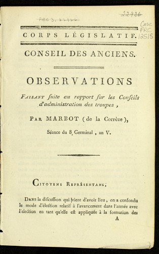 Cover for Observations faisant suite au rapport sur les conseils d'administration des troupes