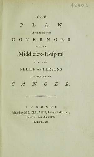Cover for The plan [proposed by John Howard] adopted by the governors ... for the relief of persons afflicted with cancer
