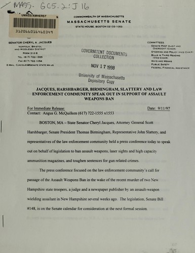 Cover for Jacques, Harshbarger,Birmingham, Slattery and law enforcement community speak out in support of assault weapons ban [news release]
