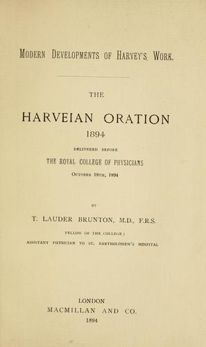 Cover for Modern developments of Harvey's work