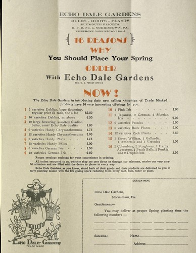 Cover for 16 reasons why you should place your spring order with Echo Dale Gardens now! [circular and price list]