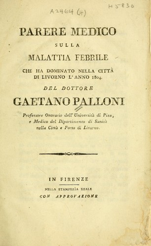 Cover for Parere medico sulla malattia febrile che ha dominato nella città di Livorno l'anno 1804