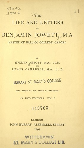 Cover for The life and letters of Benjamin Jowett, M.A.
