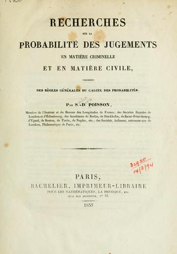 Cover for Recherches sur la probabilité des jugements en matière criminelle et en matière civile