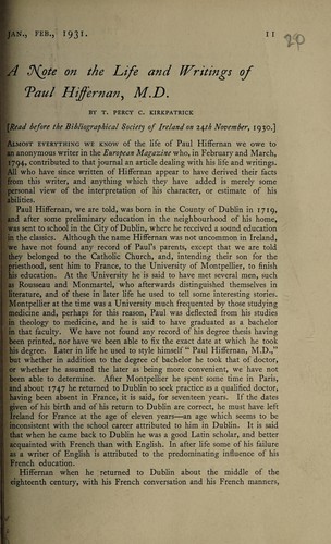 Cover for A note on the life and writings of Paul Hiffernan, M. D.