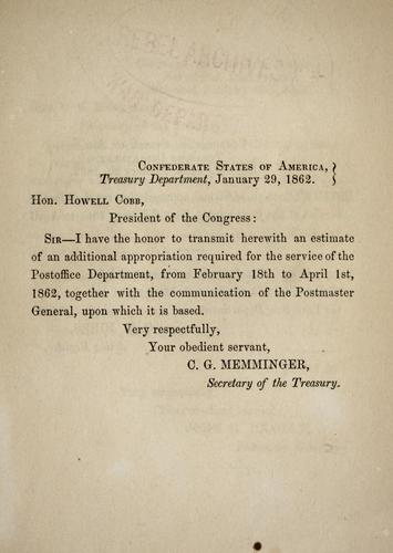 Cover for [Estimate of an additional appropriation required for the service of the Postoffice Department, from February 18th to April 1st, 1862, together with the communication of the postmaster general, upon which it is based]