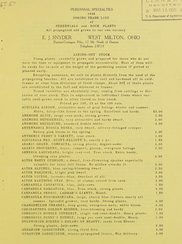 Cover for Perennial specialties, 1938 spring trade list of perennials and rock plants
