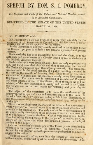 Cover for Speech by Hon. S.C. Pomeroy, on the platform and party of the future, and national freedom secured by an amended Constitution