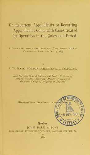Cover for On recurrent appendicitis or recurring appendicular colic, with cases treated by operation in the quiescent period