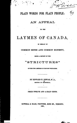 Cover for Plain Words for Plain People: An Appeal to the Laymen of Canada, in Behalf of Common Sense and ...