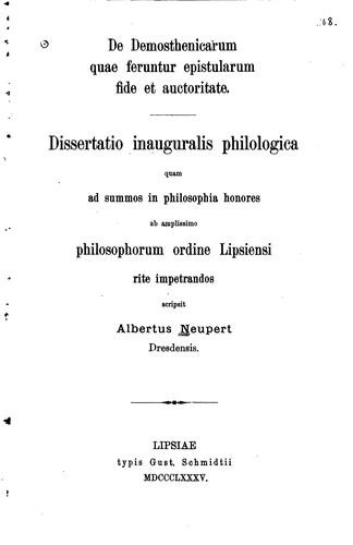 Cover for De Demosthenicarum quae ferunter epistularum fide et auctoritate