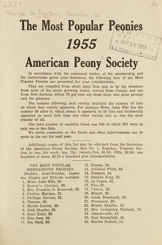 Cover for The Most popular peonies 1955 American Peony Society