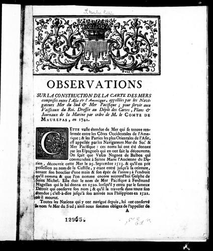 Cover for Observations sur la construction de la carte des mers comprises entre l'Asie & l'Amérique, appellées par les navigateurs Mer du Sud & Mer Pacifique