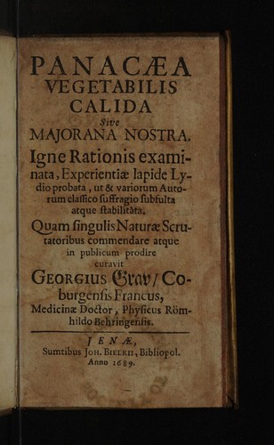 Cover for Panacaea vegetabilis calida sive majorana nostra