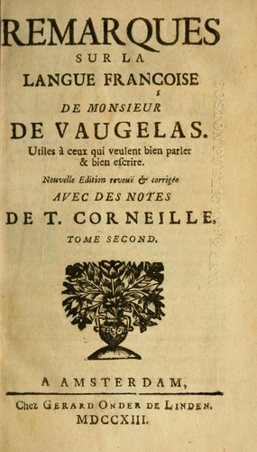 Cover for Remarques sur la langue Françoise de Monsieur de Vaugelas