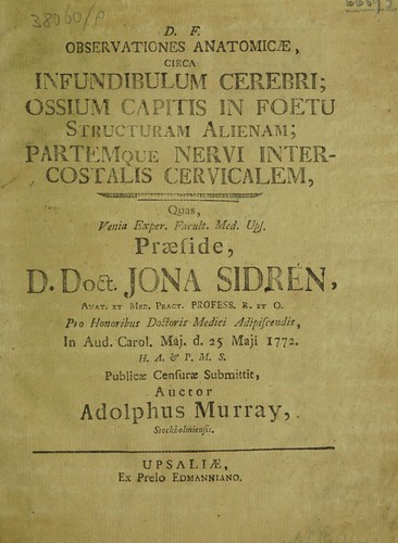 Cover for Observationes anatomicae, circa infundibulum cerebri; ossium capitis in foetu structuram alienam; partemque nervi intercostalis cervicalem ...
