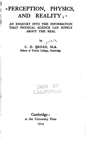 Cover for Perception, Physics, and Reality: An Enquiry Into the Information that ...