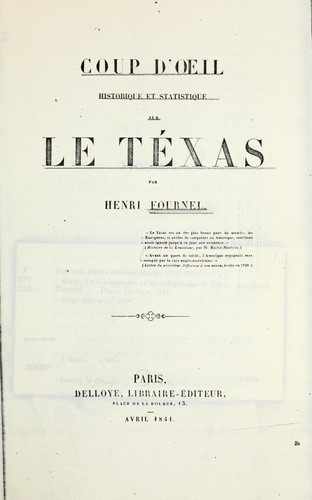 Cover for Coup d'oeil historique et statistique sur le Te xas ...