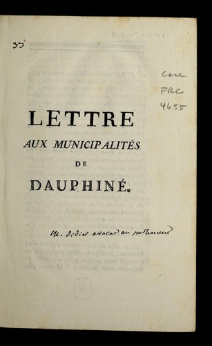 Cover for Lettre aux municipalite s de Dauphine .