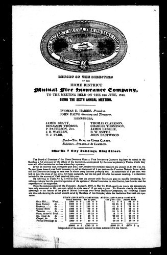 Cover for Report of the directors of the Home District Mutual Fire Insurance Company to the meeting held on the 5th of June, 1843, being the sixth annual meeting